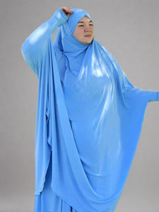 maida's hijab wold prayer set serenity blue a modest twi piece   khimar set, top is long and flowy one size fits most, and skirt is with elastic waist custom made to fit. 