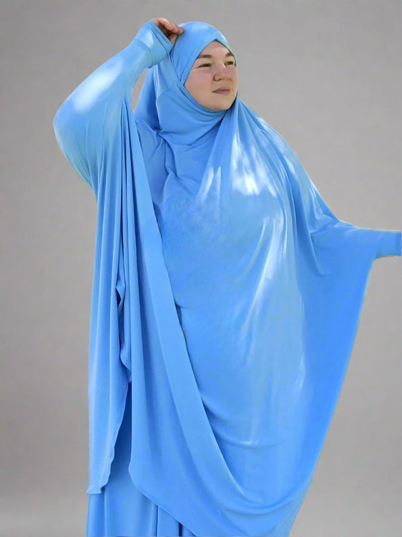 maida's hijab wold prayer set serenity blue a modest twi piece   khimar set, top is long and flowy one size fits most, and skirt is with elastic waist custom made to fit. 