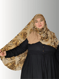 "Model showcasing the Savanna Grace Veil in two variations: a soft caramel brown chiffon overlay with mocha tones and a warm beige chiffon overlay with latte hues. The hijab features a bold yet elegant leopard print design and a comfortable jersey base for a modest, full-coverage look."
