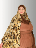 "Model showcasing the Savanna Grace Veil in two variations: a soft caramel brown chiffon overlay with mocha tones and a warm beige chiffon overlay with latte hues. The hijab features a bold yet elegant leopard print design and a comfortable jersey base for a modest, full-coverage look."
