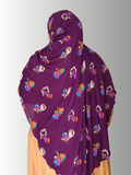 "A rich purple hijab featuring a chiffon overlay with multicolored floral patterns, styled with a beige outfit. Includes front and back views to highlight the flowy design and full coverage."

