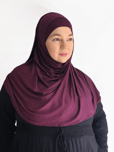 Deep plum double loop instant hijab with attached undercap, displayed in soft folds to highlight its rich tone and thicker jersey texture.