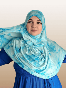 Ocean breeze blue instant jersey hijab double  loop tye dye marble pattern 