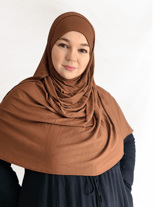 Mocha Truffle double loop instant jersey hijab with attached undercap in rich espresso brown, slightly thicker fabric with soft, structured drape.