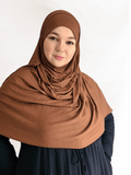 Mocha Truffle double loop instant jersey hijab with attached undercap in rich espresso brown, slightly thicker fabric with soft, structured drape.
