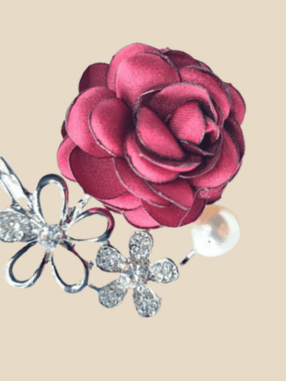 Red rose flower brooch pin with silver color accents and a pearl 