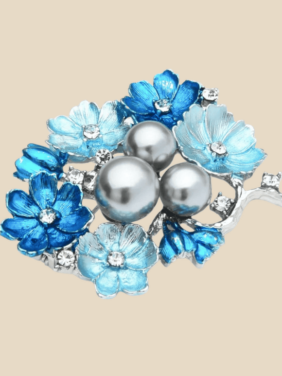 Blue hijab flower brooch metal with three pearl stones in the middle 
