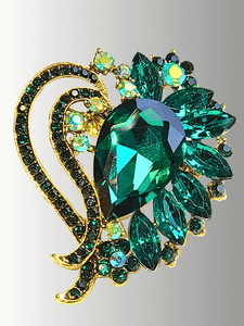 Green crystal hijab brooch with floral gold-tone accents, perfect for scarves.