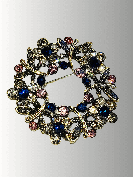  Gold floral wreath brooch with navy blue and pink crystals.
