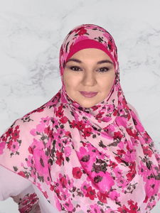 Pink floral square chiffon hijab