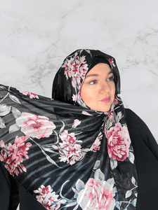 Silky smooth black floral hijab