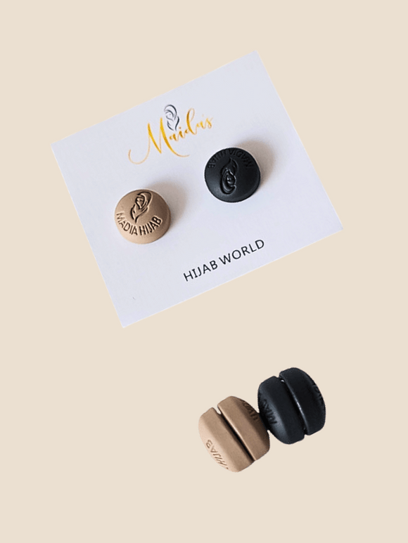 hijab magnets black and dark brown cream marked with Maida's Hijab World brand logo two sets total four magnets round 