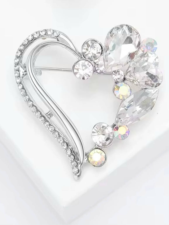 Heart-shaped rhinestone hijab brooch with floral detailing.