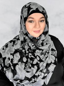 Black & gray floral chiffon   square hijab