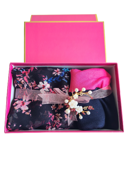 DARK NAVY FLORAL SQUARE HIJAB GIFT SET